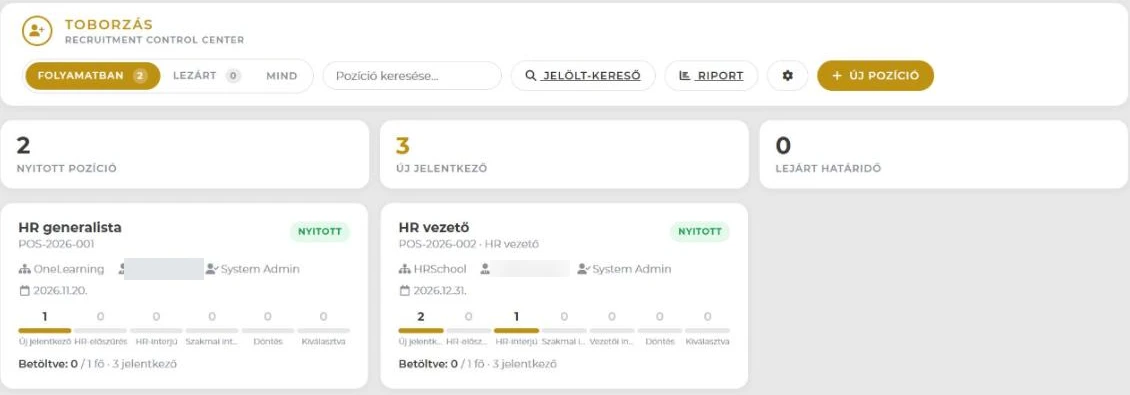 Toborzás áttekintő: nyitott pozíciók, új jelentkezők, lejárt határidők és pozíció-kártyák a lépésenkénti létszámmal