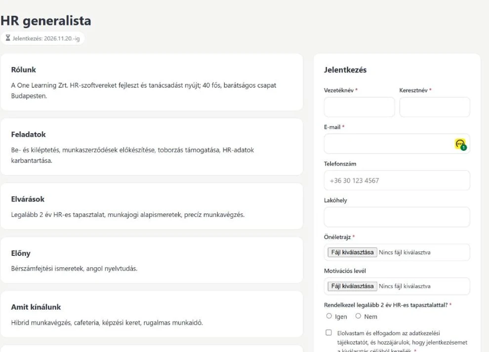 Karrieroldal: a hirdetés szövege és mellette a jelentkezési űrlap önéletrajz-feltöltéssel és szűrőkérdéssel