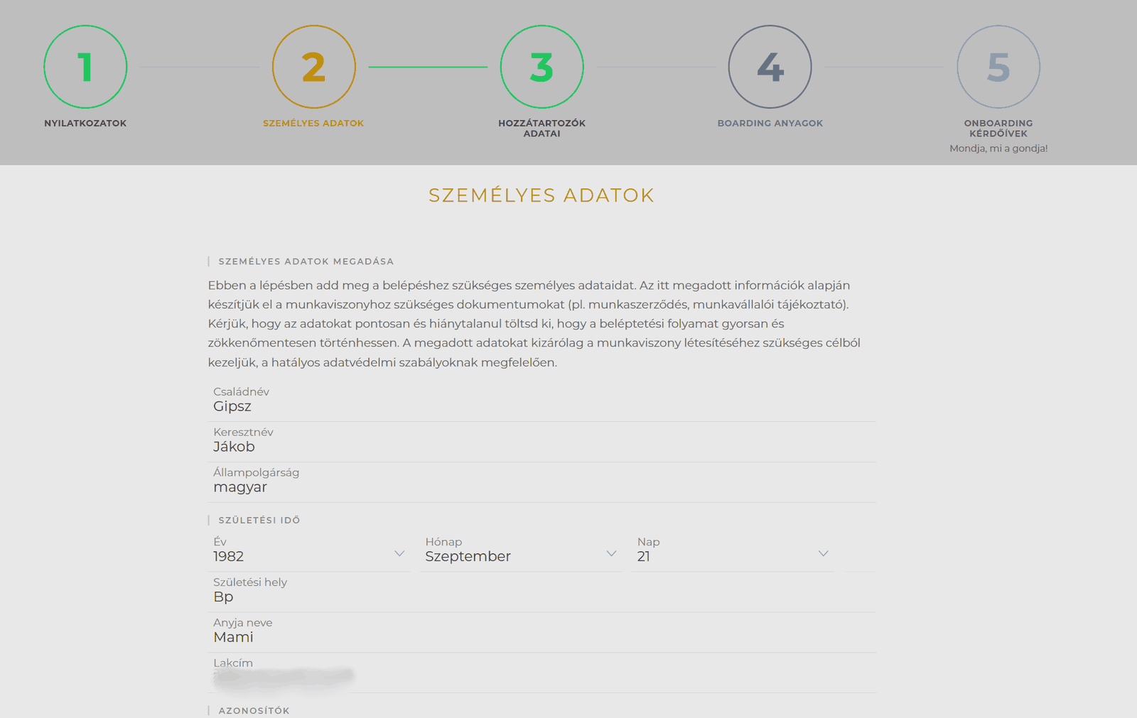 StartForm — the new hire's data sheet